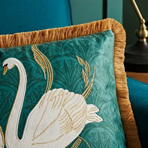 Embroidered Swan Cushion - Teal, Velour