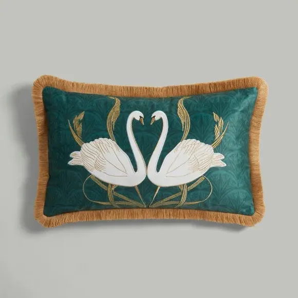 Embroidered Swan Cushion - Teal, Velour