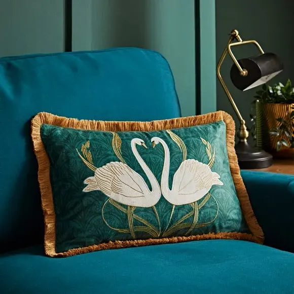 Embroidered Swan Cushion - Teal, Velour image