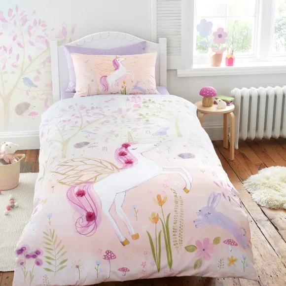 Embroidered Unicorn Duvet Cover Set - Pink image