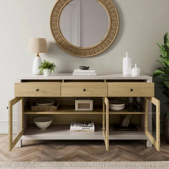 Extra Wide Glazed Sideboard - Stone, Oak Effect