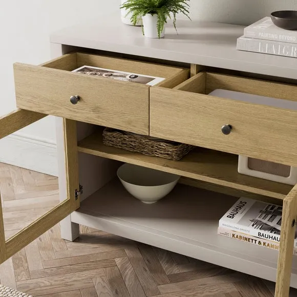 Extra Wide Glazed Sideboard - Stone, Oak Effect