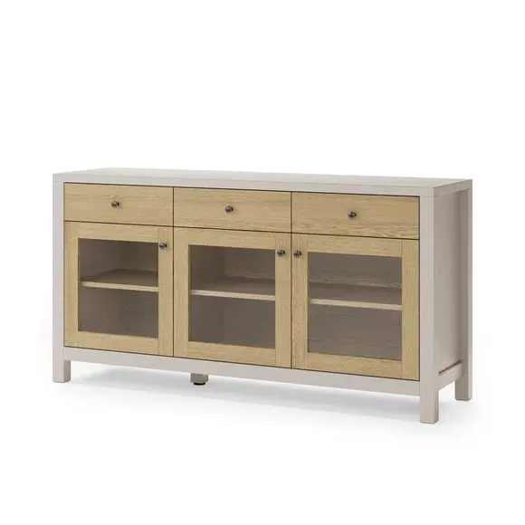Extra Wide Glazed Sideboard - Stone, Oak Effect