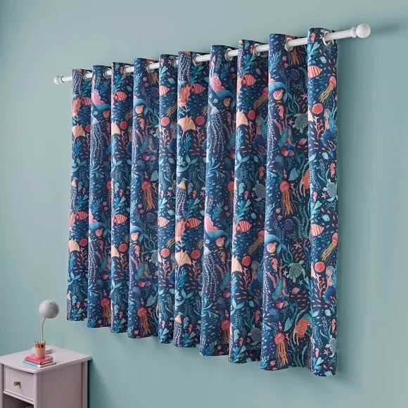 Eyelet Blackout Curtains - Blue, Polycotton