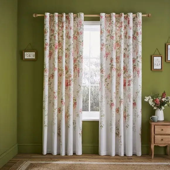 Eyelet Blackout Curtains with Floral - Pink, Polycotton
