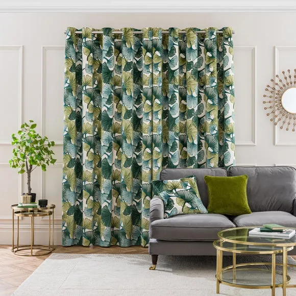 Eyelet Curtains Cut Velvet - Green, Polyester