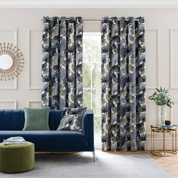 Eyelet Curtains Cut Velvet - Navy, Polyester