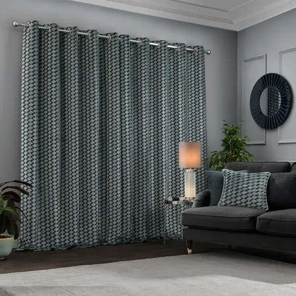 Eyelet Curtains Cut Velvet - Teal, Polyester