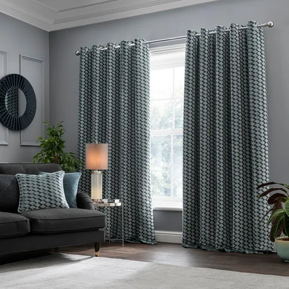 Eyelet Curtains Cut Velvet - Teal, Polyester