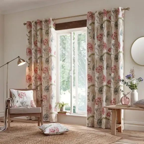 Eyelet Curtains Floral Print - Natural, Cotton