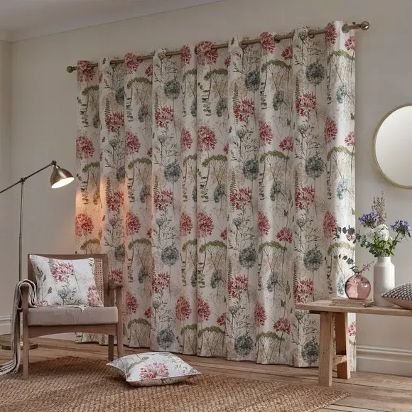 Eyelet Curtains Floral Print - Natural, Cotton