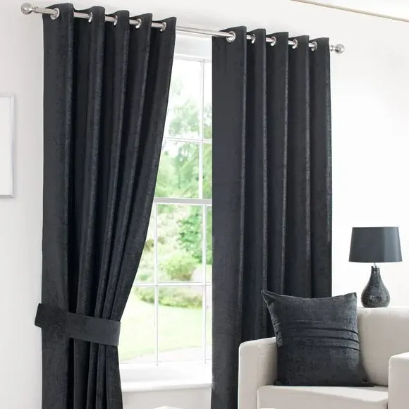 Eyelet Curtains Fully Lined - Black, Chenille