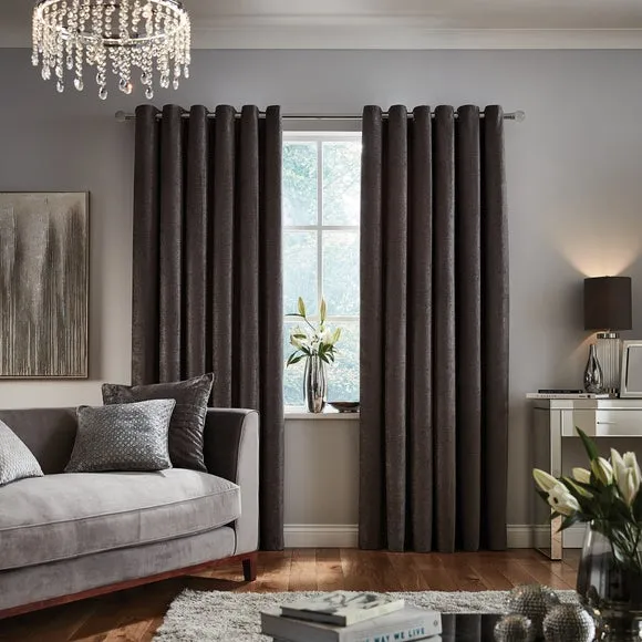 Eyelet Curtains Fully Lined - Grey, Chenille