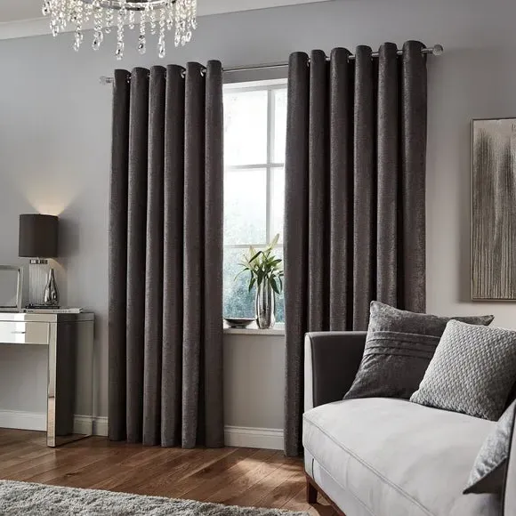 Eyelet Curtains Fully Lined - Grey, Chenille