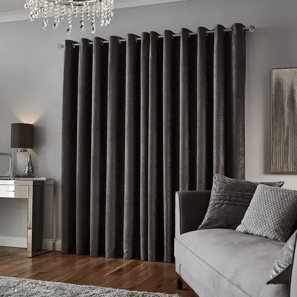 Eyelet Curtains Fully Lined - Grey, Chenille