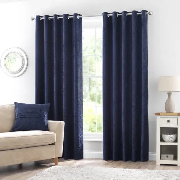 Eyelet Curtains Fully Lined - Navy, Chenille