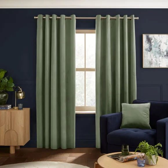 Eyelet Curtains Fully Lined - Sage, Velour