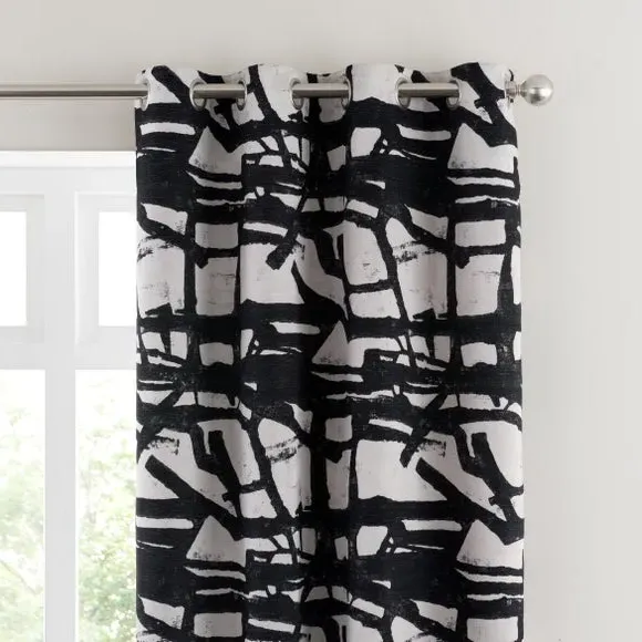 Eyelet Curtains with Abstract Design - Black/White image