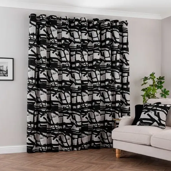 Eyelet Curtains with Abstract Design - Black/White
