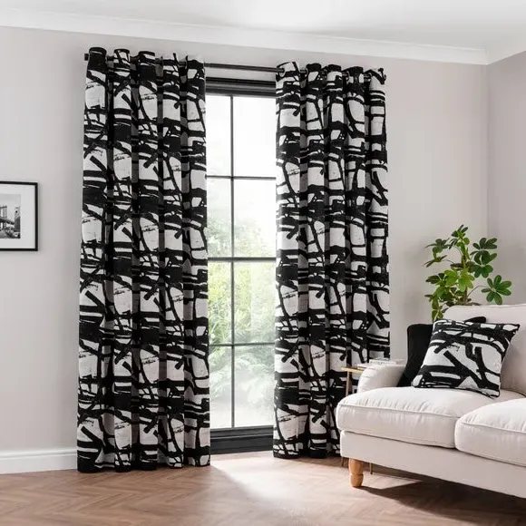 Eyelet Curtains with Abstract Design - Black/White