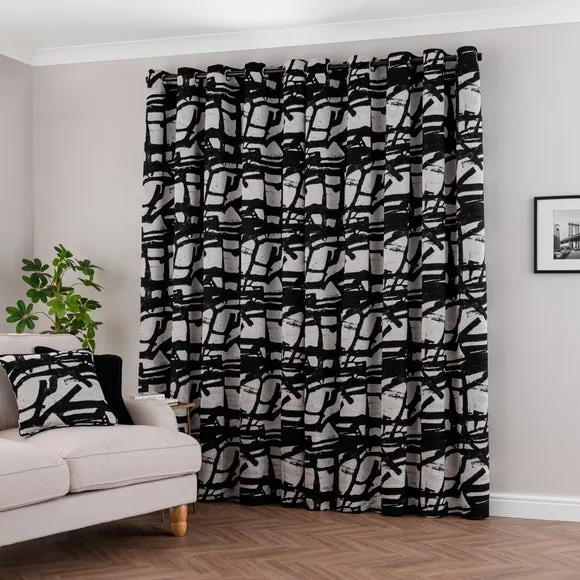 Eyelet Curtains with Abstract Design - Black/White
