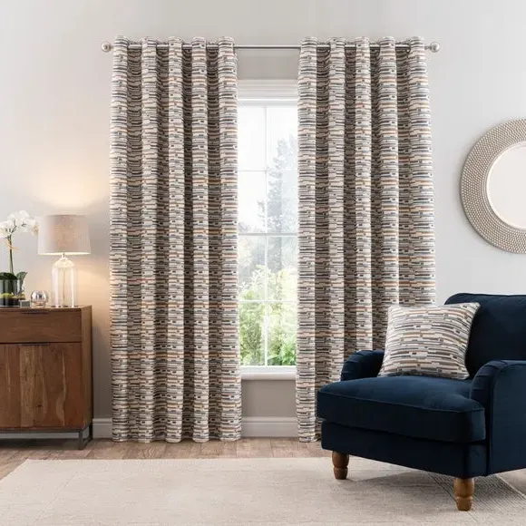 Eyelet Curtains with Abstract Pattern - Ochre, Boucle