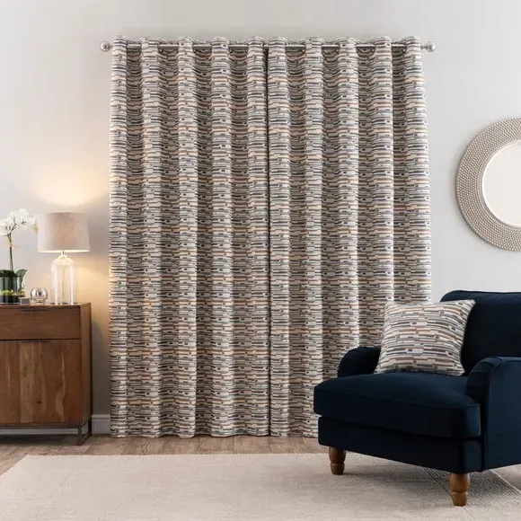 Eyelet Curtains with Abstract Pattern - Ochre, Boucle