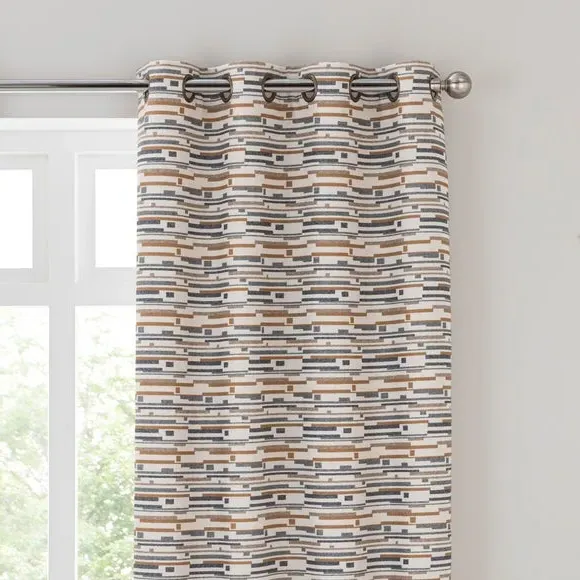 Eyelet Curtains with Abstract Pattern - Ochre, Boucle image