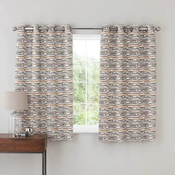 Eyelet Curtains with Abstract Pattern - Ochre, Boucle