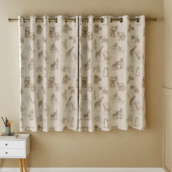 Eyelet Curtains with Animal Print - Natural, Cotton
