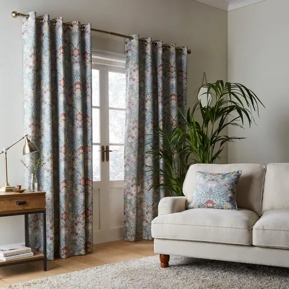 Eyelet Curtains with Arts & Crafts Print - Duck Egg, Cotton