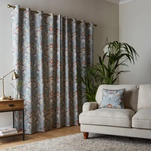 Eyelet Curtains with Arts & Crafts Print - Duck Egg, Cotton