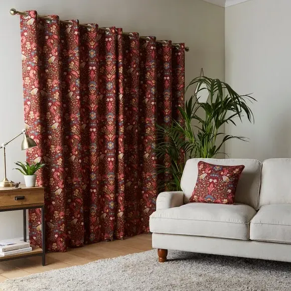 Eyelet Curtains with Arts & Crafts Print - Red, Cotton