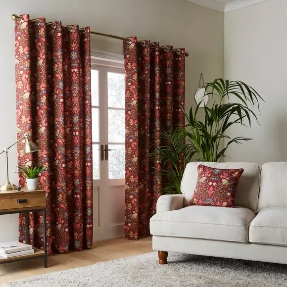 Eyelet Curtains with Arts & Crafts Print - Red, Cotton