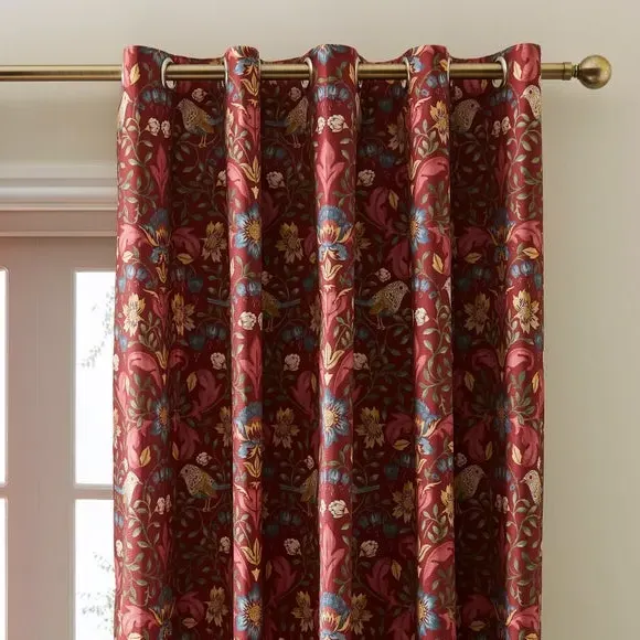 Eyelet Curtains with Arts & Crafts Print - Red, Cotton
