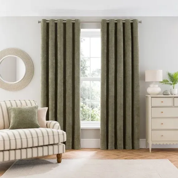 Eyelet Curtains with Basketweave - Olive, Chenille