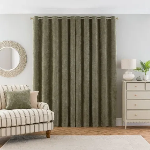 Eyelet Curtains with Basketweave - Olive, Chenille