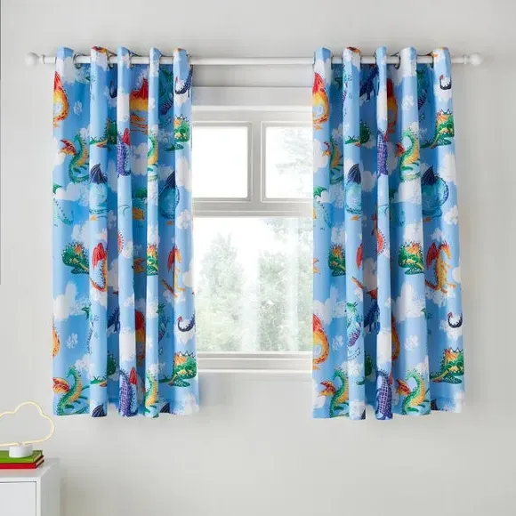 Eyelet Curtains with Blackout Lining - Blue, Cotton