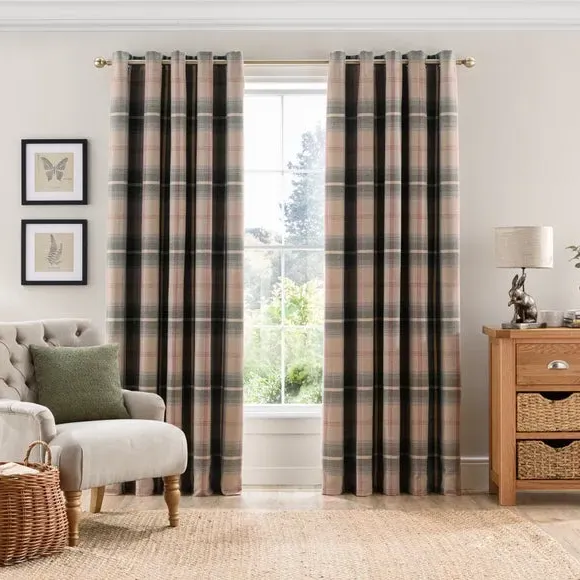 Eyelet Curtains with Check Pattern - Green
