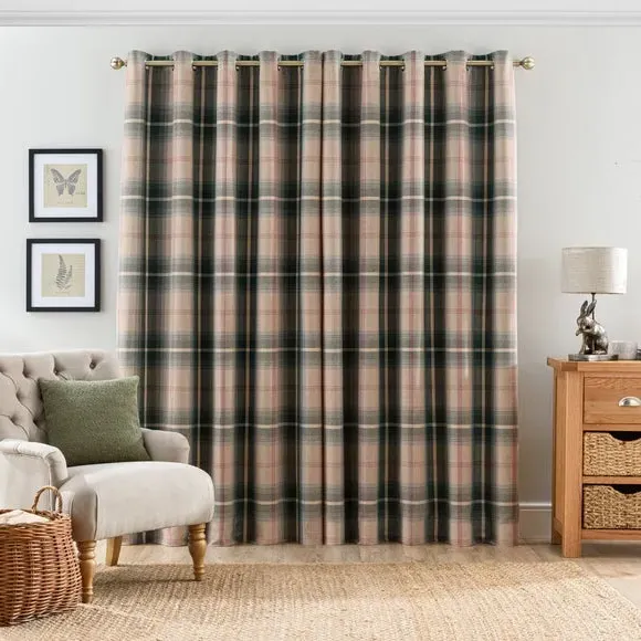 Eyelet Curtains with Check Pattern - Green