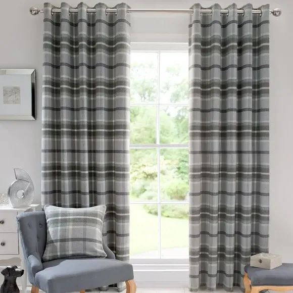 Eyelet Curtains with Check Pattern - Grey