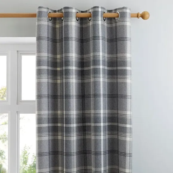 Eyelet Curtains with Check Pattern - Grey