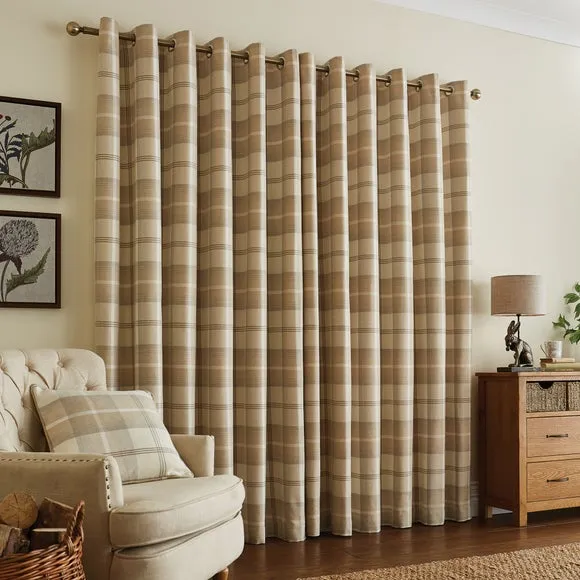 Eyelet Curtains with Check Pattern - Natural