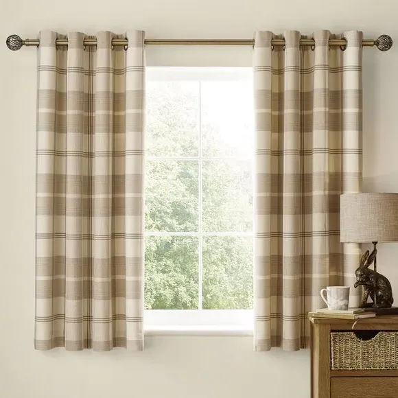 Eyelet Curtains with Check Pattern - Natural