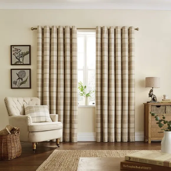 Eyelet Curtains with Check Pattern - Natural