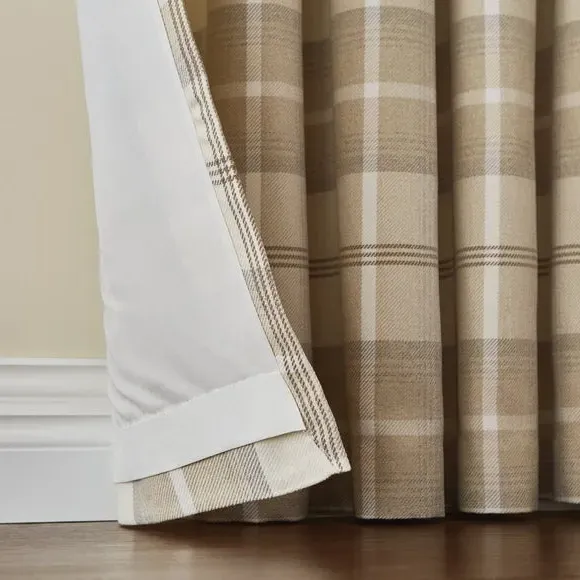 Eyelet Curtains with Check Pattern - Natural