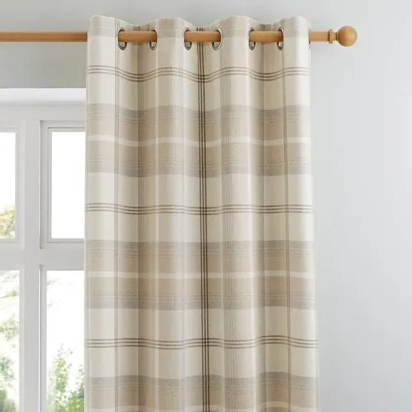 Eyelet Curtains with Check Pattern - Natural