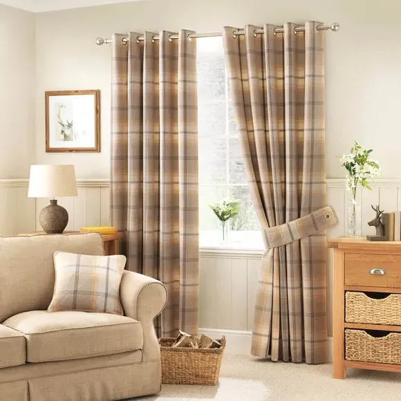 Eyelet Curtains with Check Pattern - Ochre