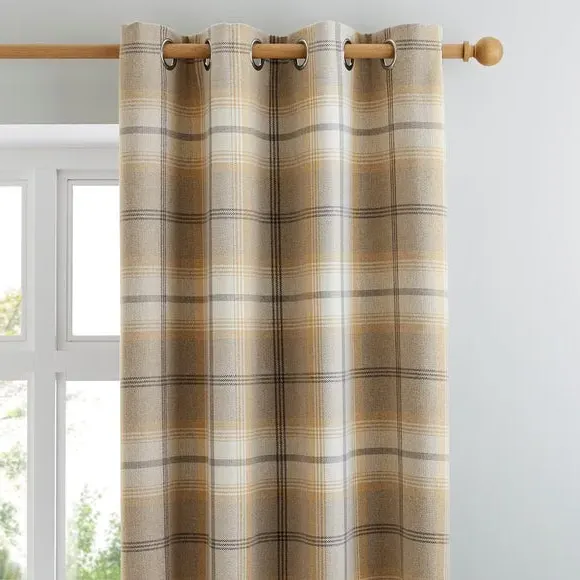 Eyelet Curtains with Check Pattern - Ochre