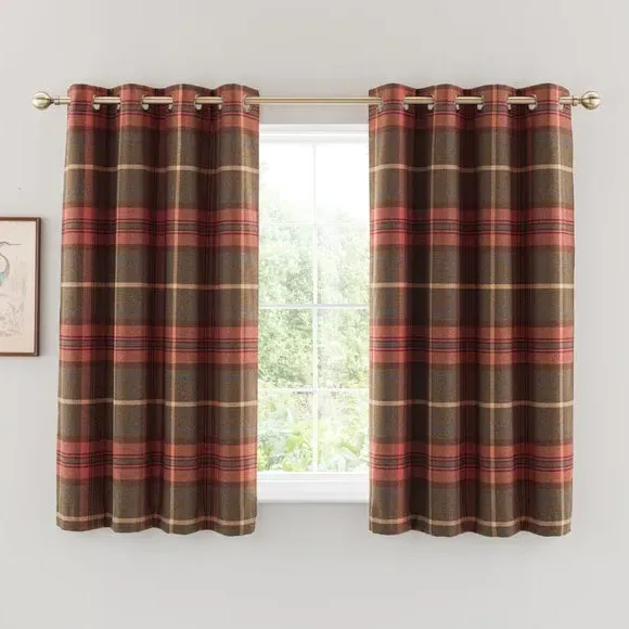 Eyelet Curtains with Check Pattern - Orange